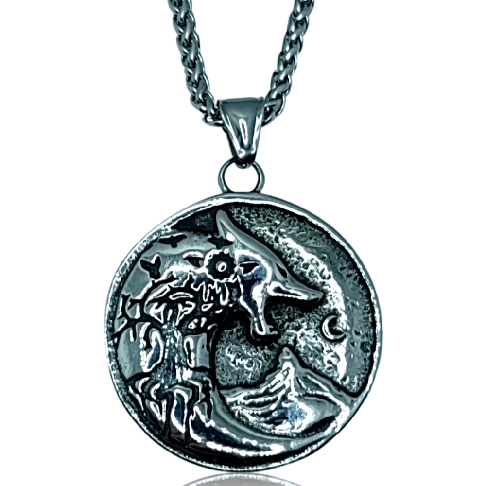Gothic Tribal Celtic Nordic Viking Round Howling Wolf Necklace